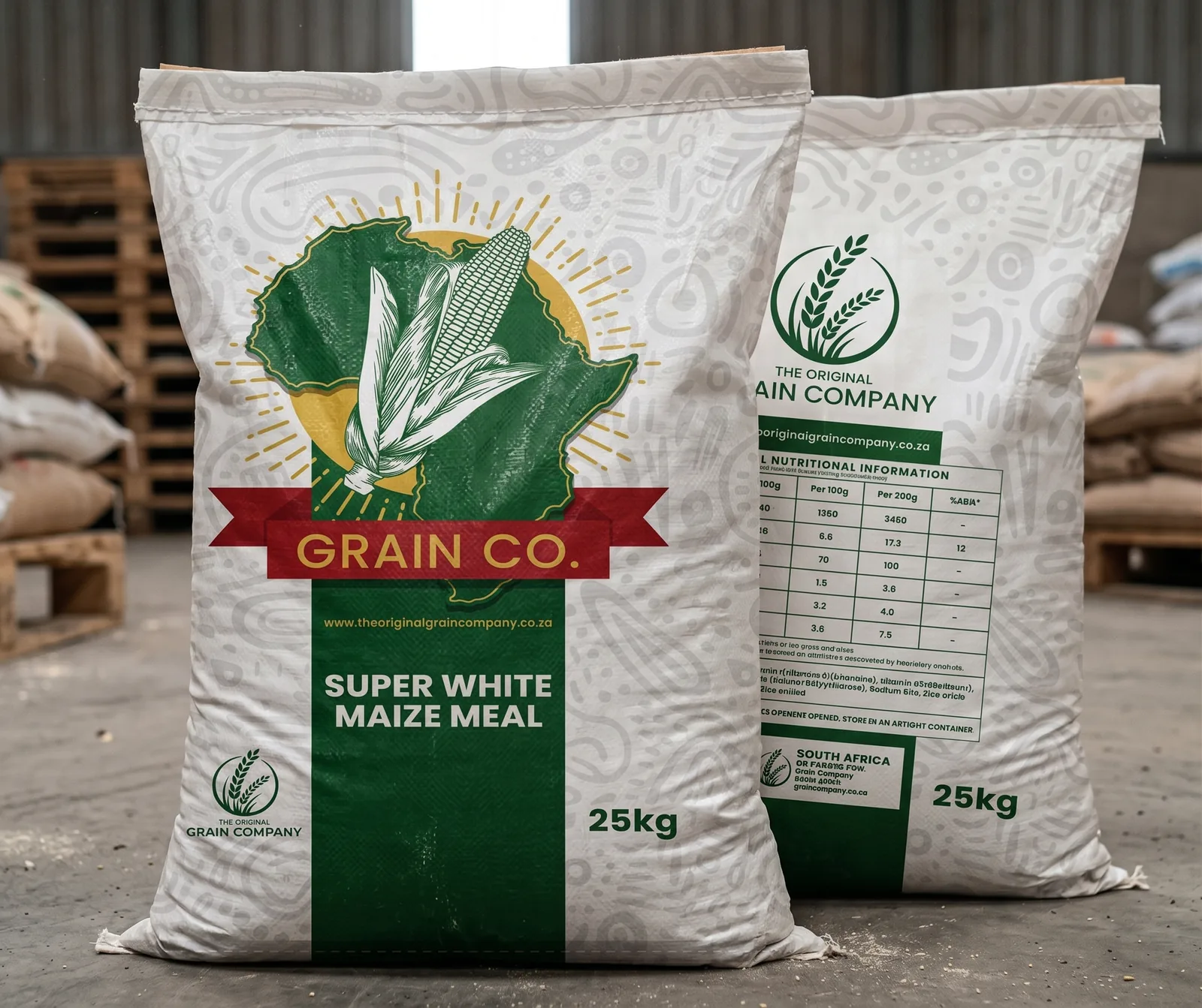 Two 25 kg bags of Grain Co. Super White Maize Meal